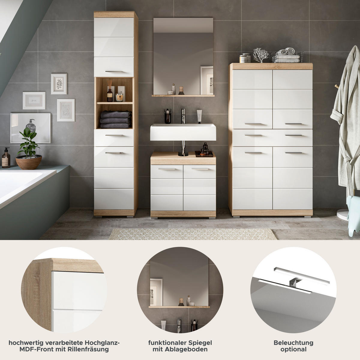 Badezimmer-Set Lambada Eiche Sonoma Nachbildung weiß Hochglanz B/H/T: ca. 186x191x34 cm Lambada - Eiche/weiß (186,00/191,00/34,00cm) - xonox.home