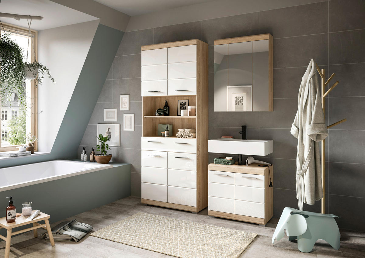 Badezimmer-Set Lambada Eiche Sonoma Nachbildung weiß Hochglanz B/H/T: ca. 149x34x191 cm Lambada - Eiche/weiß (149,00/34,00/191,00cm) - xonox.home
