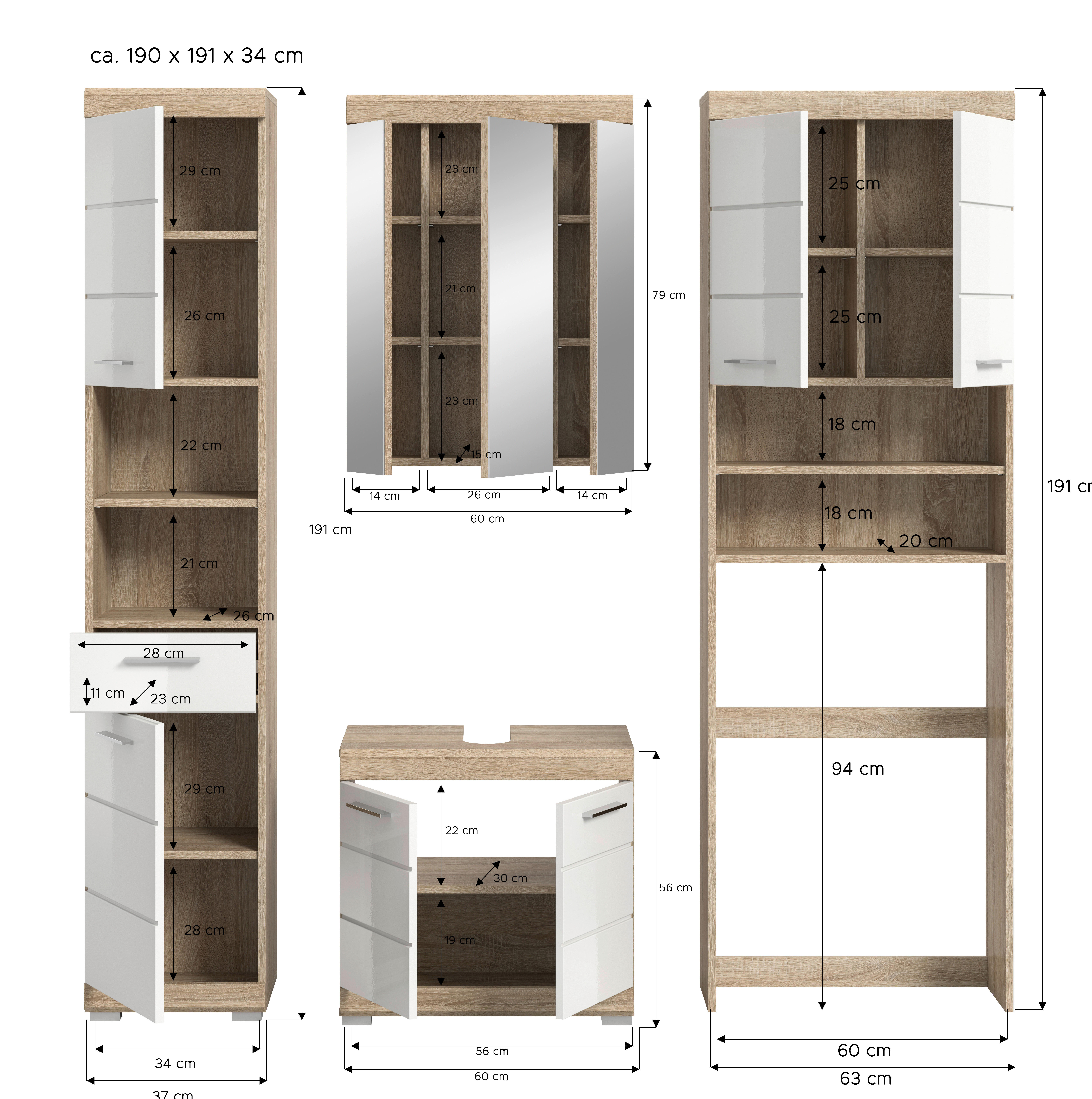 Badezimmer-Set Lambada Eiche Sonoma Nachbildung weiß Hochglanz B/H/T: ca. 190x191x34 cm Lambada - Eiche/weiß (190,00/191,00/34,00cm) - xonox.home