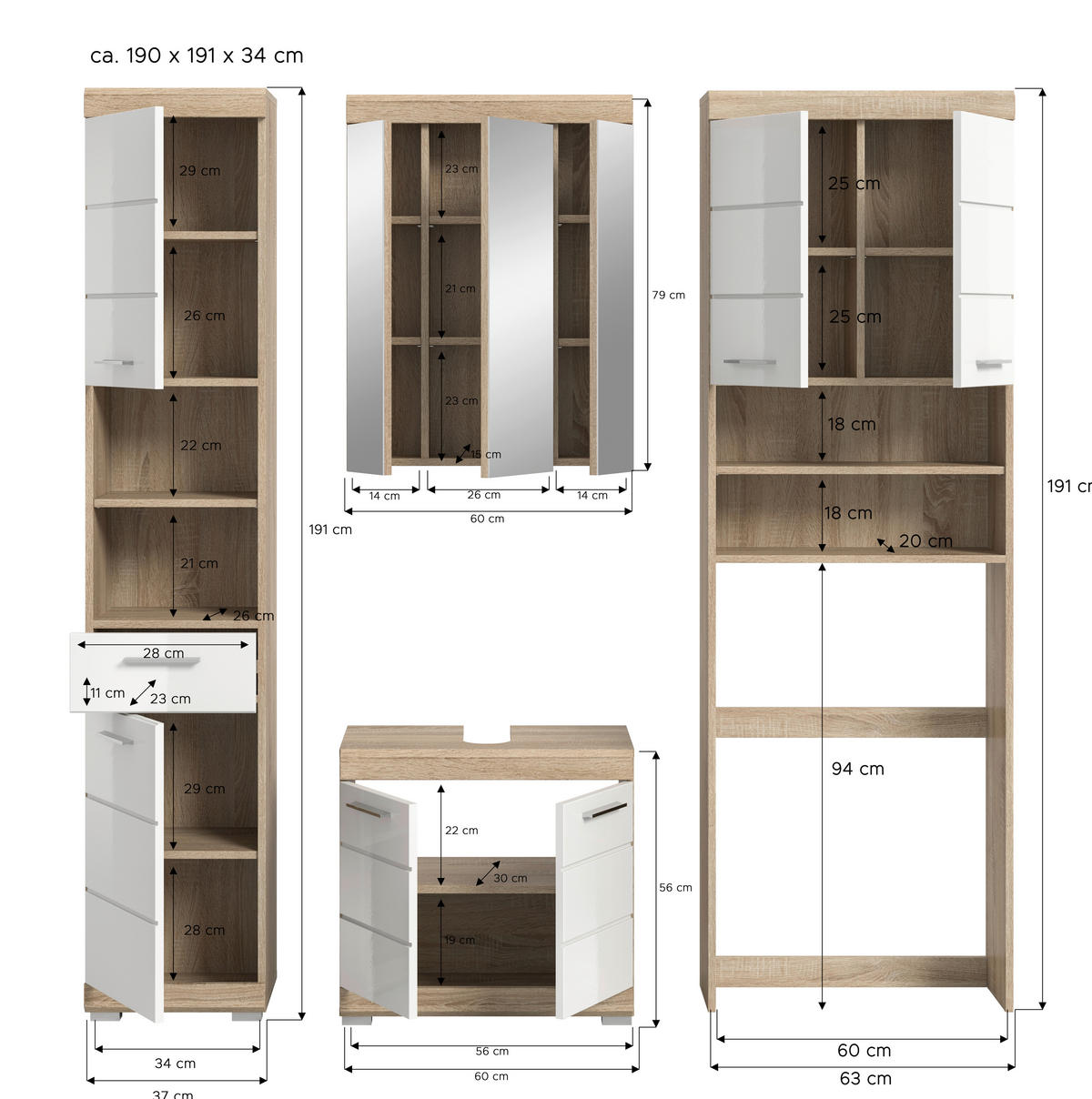Badezimmer-Set Lambada Eiche Sonoma Nachbildung weiß Hochglanz B/H/T: ca. 190x191x34 cm Lambada - Eiche/weiß (190,00/191,00/34,00cm) - xonox.home