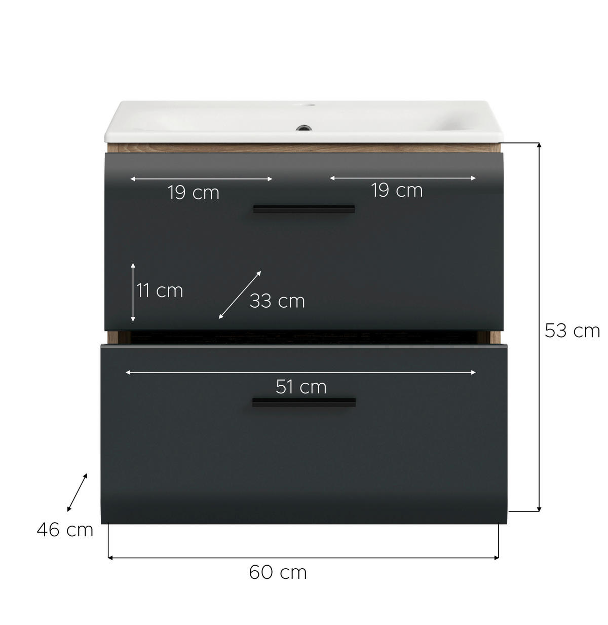 Waschplatz Ice Nox Oak Nachbildung schwarz matt B/H/T: ca. 60x55x46 cm Ice - schwarz (60,00/55,00/46,00cm) - xonox.home