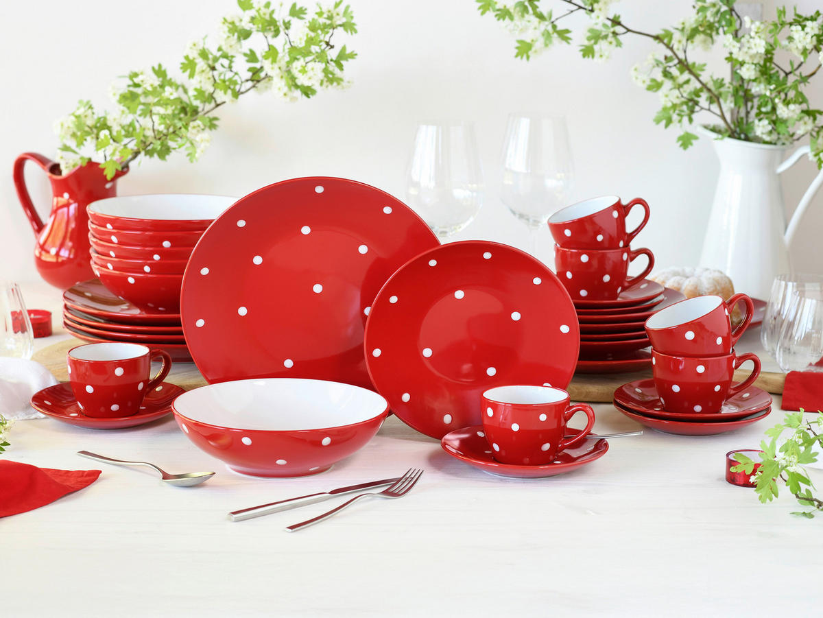 CreaTable Kaffeeservice Polka Dots weiß Steinzeug 18 tlg. Polka Dots - weiß/rot - CreaTable