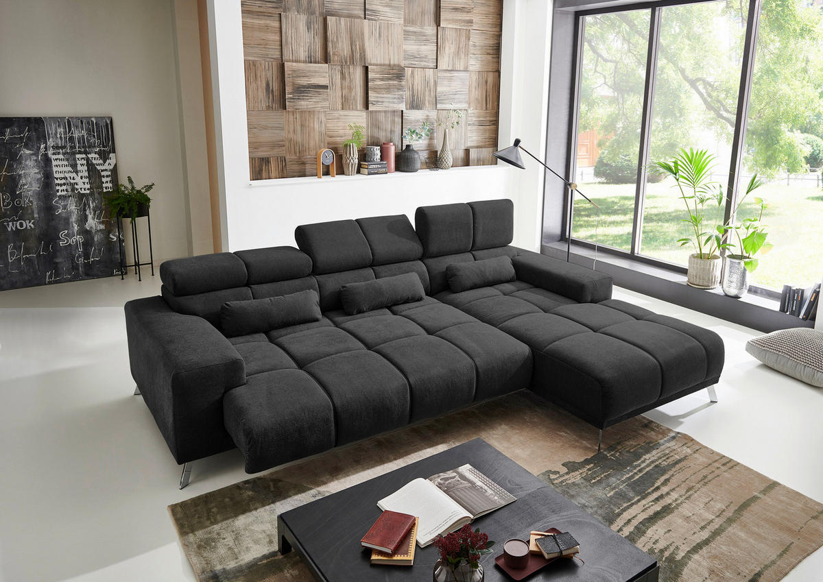 Ecksofa mit elektrischer Sitztiefenverstellung schwarz Flachgewebe B/H/T: ca. 285x99x201 cm Speed_2F/li-OT/re_004_Ecksofa - schwarz/Chrom (285,00/99,00/201,00cm)