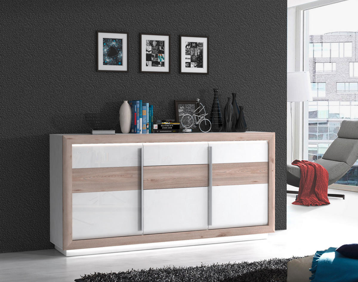 Sideboard  weiß weiß Hochglanz Eiche Nelson Nachbildung B/H/T: ca. 192,7x98,2x53 cm Canne_Sideboard CQNK231B-C141 - Eiche/weiß (192,70/98,20/53,00cm)