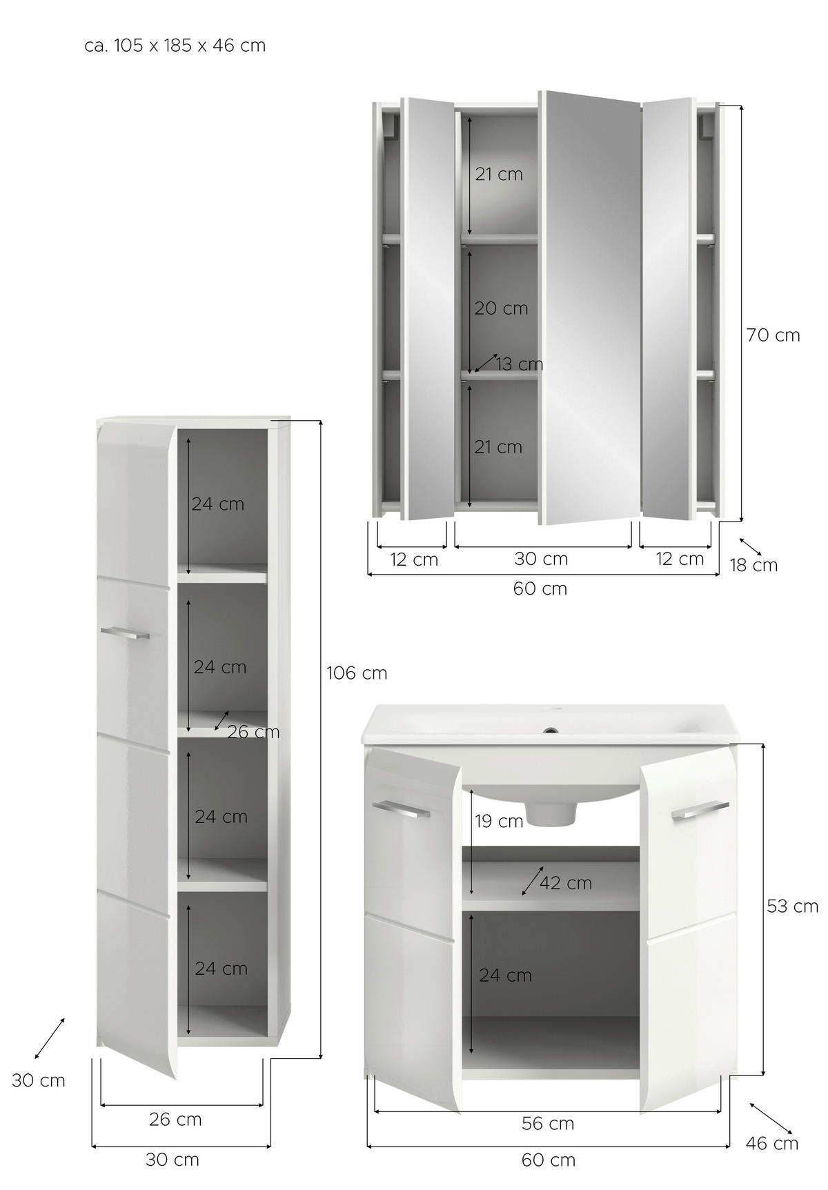 Badezimmer-Set Ice weiß weiß Hochglanz B/H/T: ca. 105x185x46 cm Ice - weiß (105,00/185,00/46,00cm) - xonox.home