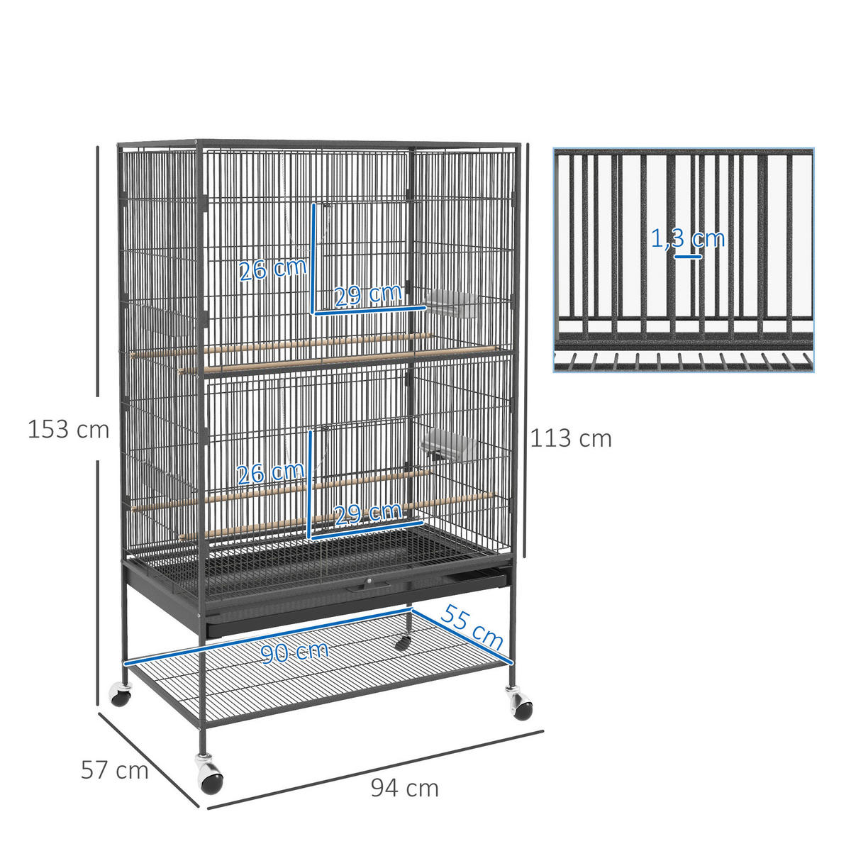 PawHut Tier-Zubehör grau Kunststoff B/H/L: ca. 57x94x153 cm Vogelkäfig - grau (153,00/57,00/94,00cm) - PawHut