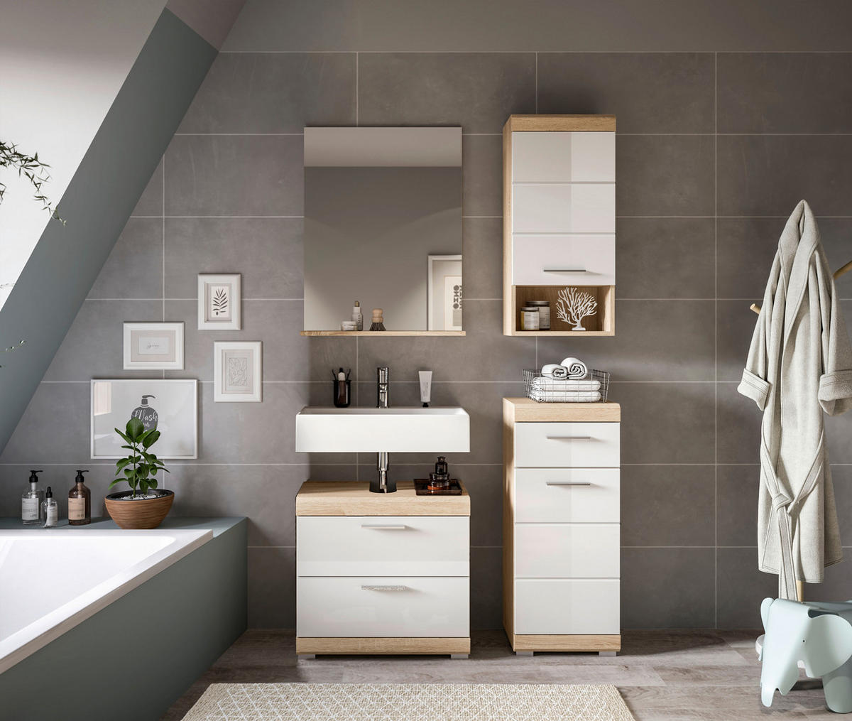 Badezimmer-Set Lambada Eiche Sonoma Nachbildung weiß Hochglanz B/H/T: ca. 112x191x37 cm Lambada - Eiche/weiß (112,00/191,00/37,00cm) - xonox.home