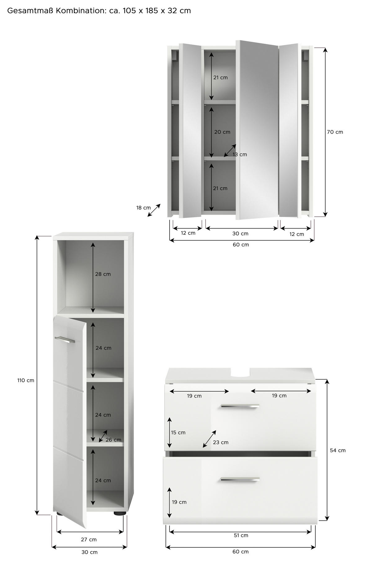 Badezimmer-Set ICE weiß weiß Hochglanz B/H/T: ca. 105x190x32 cm ICE - weiß (105,00/190,00/32,00cm) - xonox.home