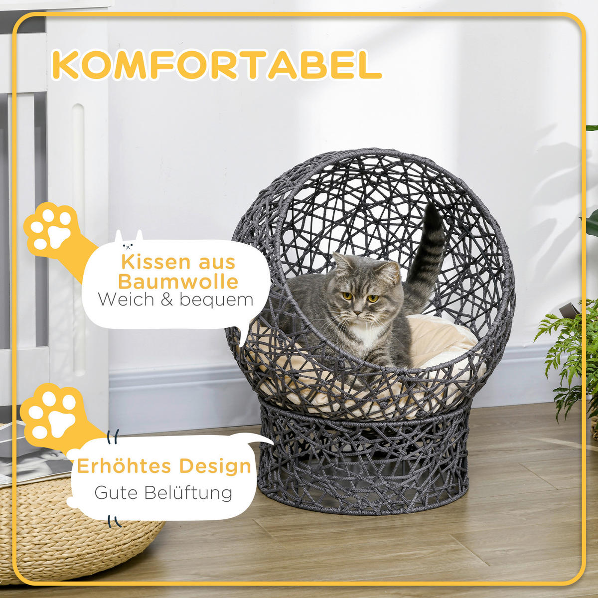 PawHut Katzenkorb cremeweiß Baumwolle B/H/L: ca. 50x60x50 cm Katzenkorb - cremeweiß/violett (50,00/50,00/60,00cm) - PawHut