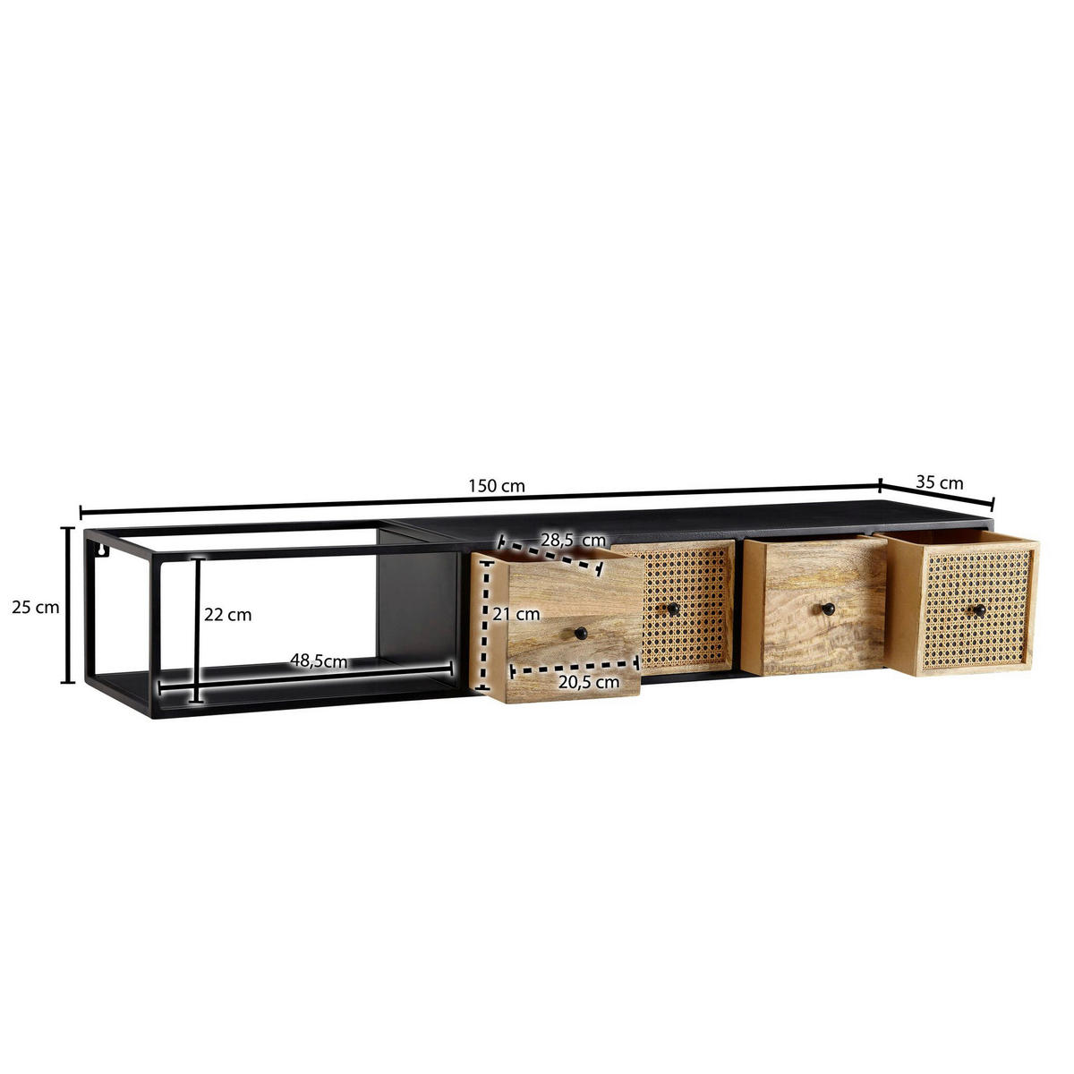 TV-Bank schwarz pulverbeschichtet natur Eisen Echtholz B/H/T: ca. 150x25x35 cm TV Konsole - natur/schwarz (150,00/25,00/35,00cm) - Wohnling