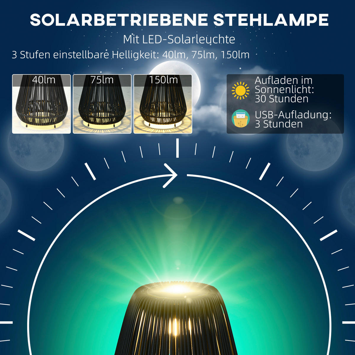 Solarleuchte 867-218V00BK schwarz Edelstahl Polypropylen Polyrattan B/H/L: ca. 27x27x37 cm Rattan_Solarleuchte - schwarz (37,00/27,00/27,00cm) - Outsunny
