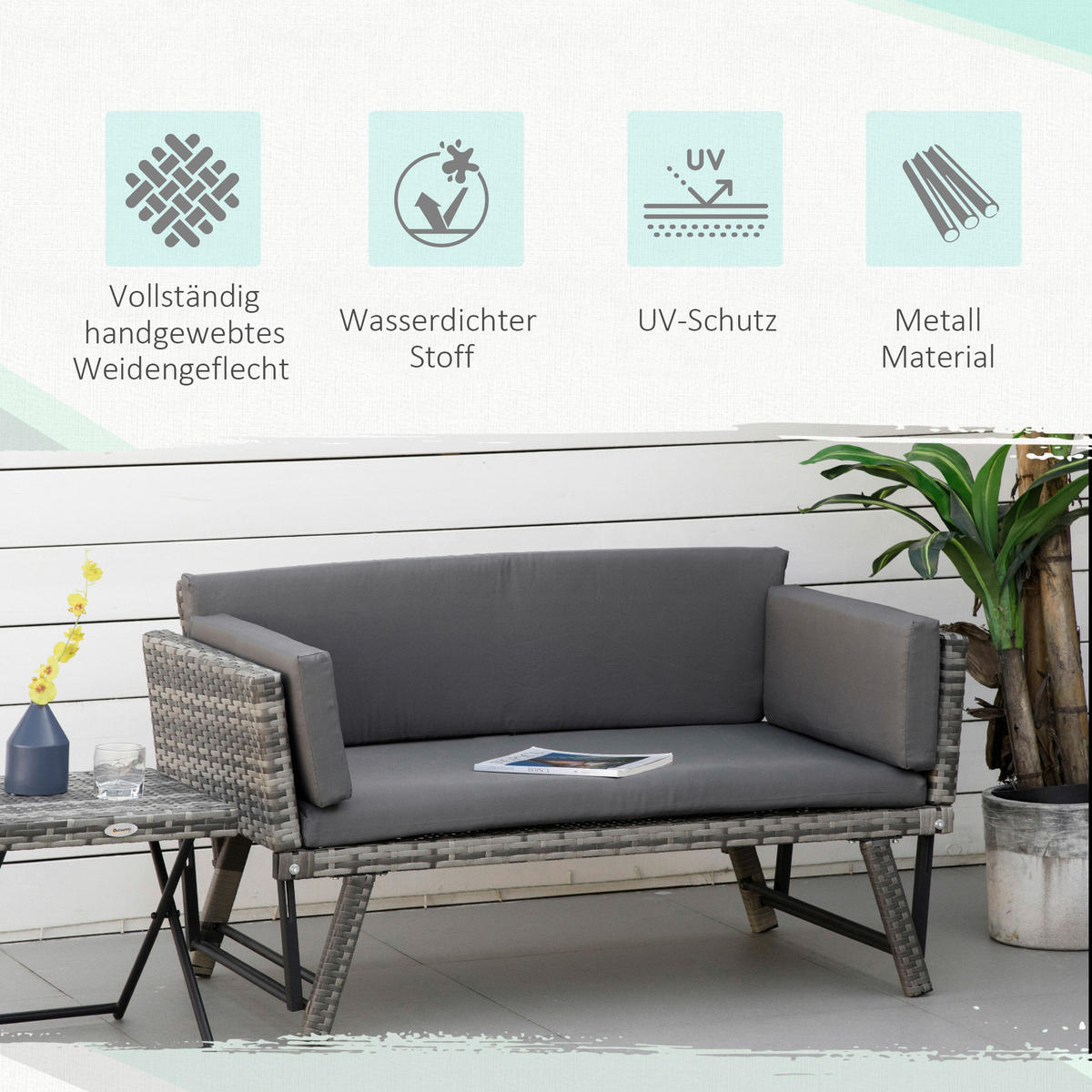Outsunny Gartensofa grau Polyrattan B/H/L: ca. 63x129x67 cm Rattansofa - grau (67,00/63,00/129,00cm) - Outsunny
