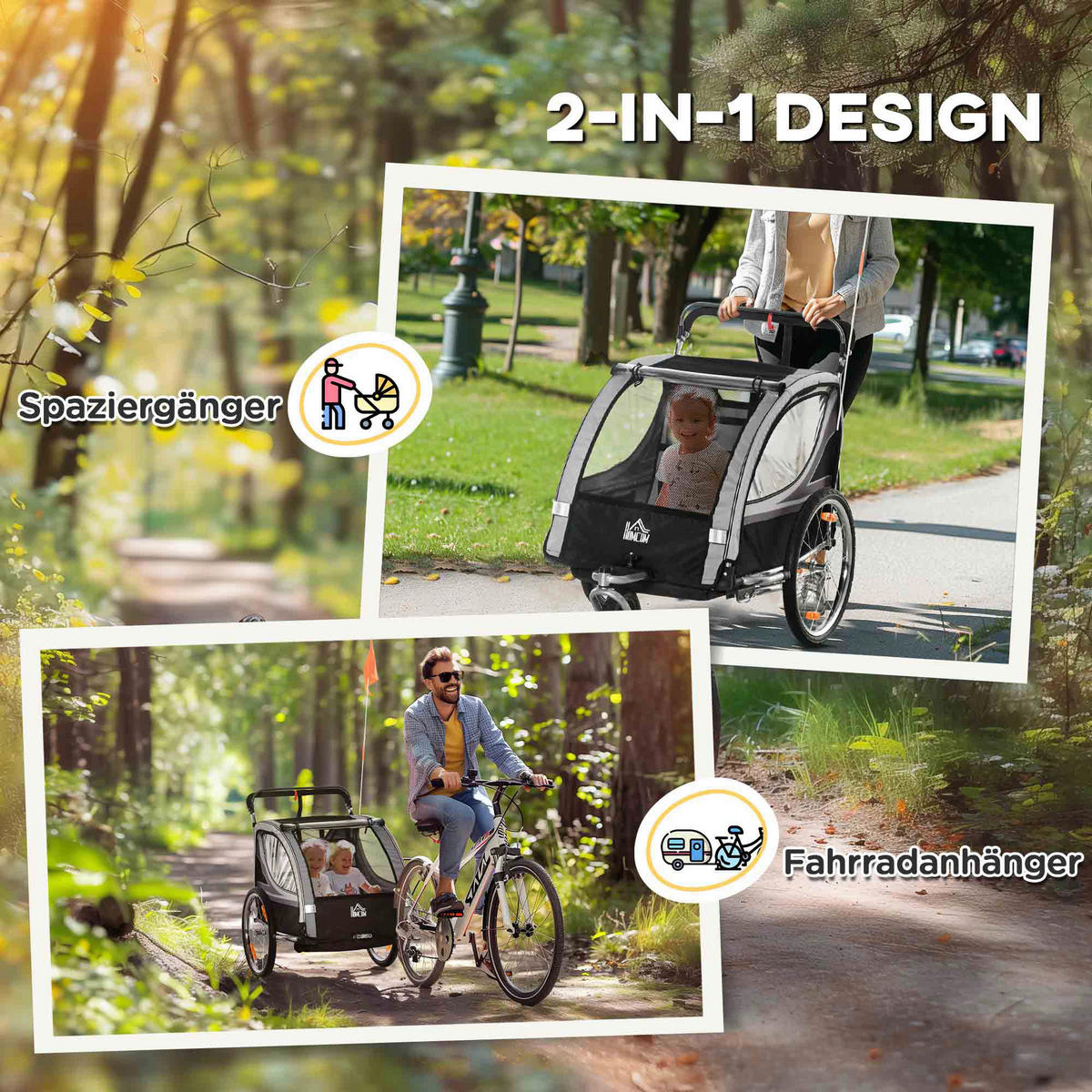 HOMCOM Kinderfahrradanhänger schwarz schwarz B/H/L: ca. 75x101x142 cm Kinderfahrradanhänger - schwarz/grau (142,00/75,00/101,00cm) - HOMCOM