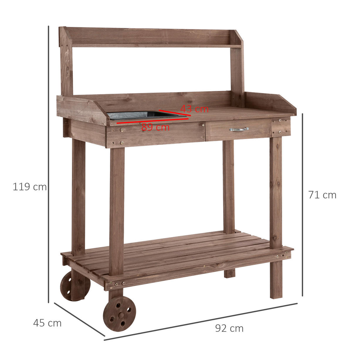 Outsunny Pflanztisch mit Rollen braun B/H/L: ca. 45x119x94 cm Gärtnertisch 845-460BN - braun (94,00/45,00/119,00cm) - Outsunny