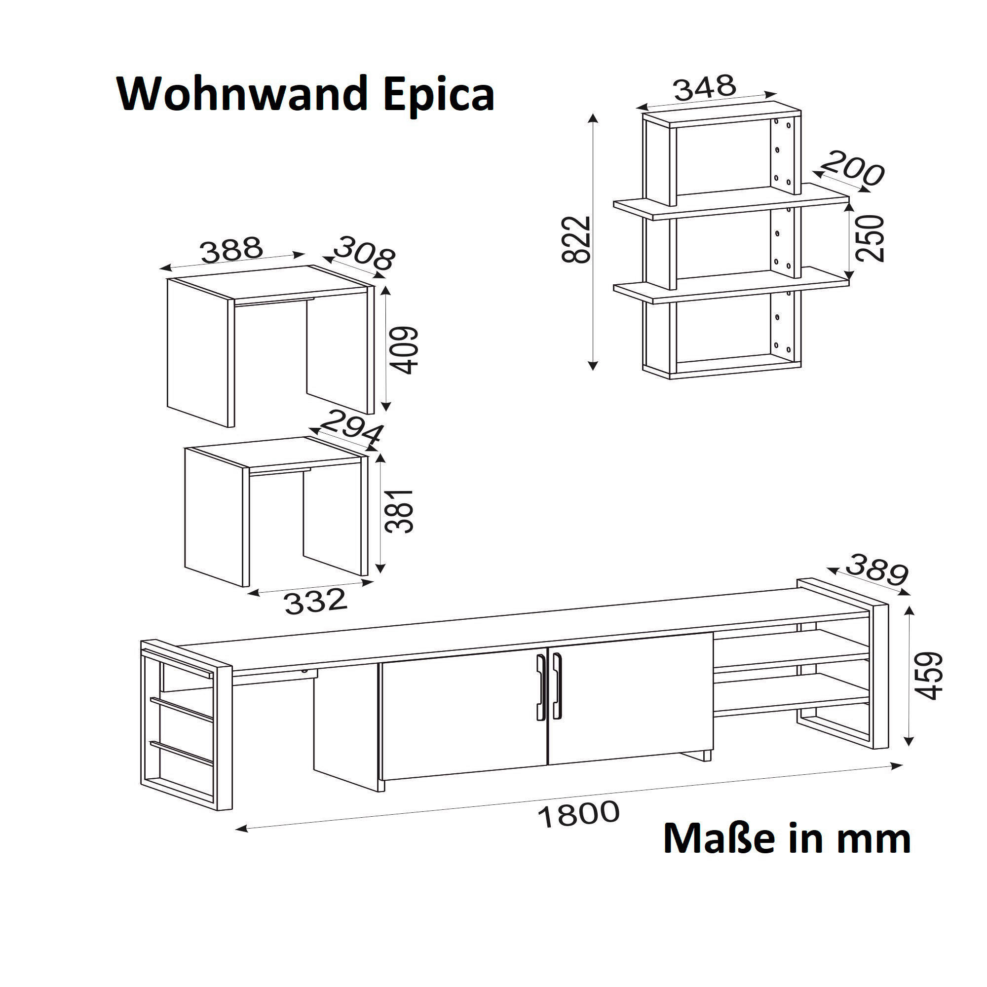 Wohnwand Epica walnuss Nachbildung schwarz B/H/T: ca. 180x46x39 cm Epica - schwarz/walnuss (180,00/46,00/39,00cm) - moebel17