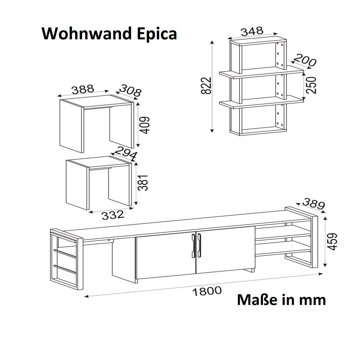 Wohnwand Epica walnuss Nachbildung schwarz B/H/T: ca. 180x46x39 cm Epica - schwarz/walnuss (180,00/46,00/39,00cm) - moebel17