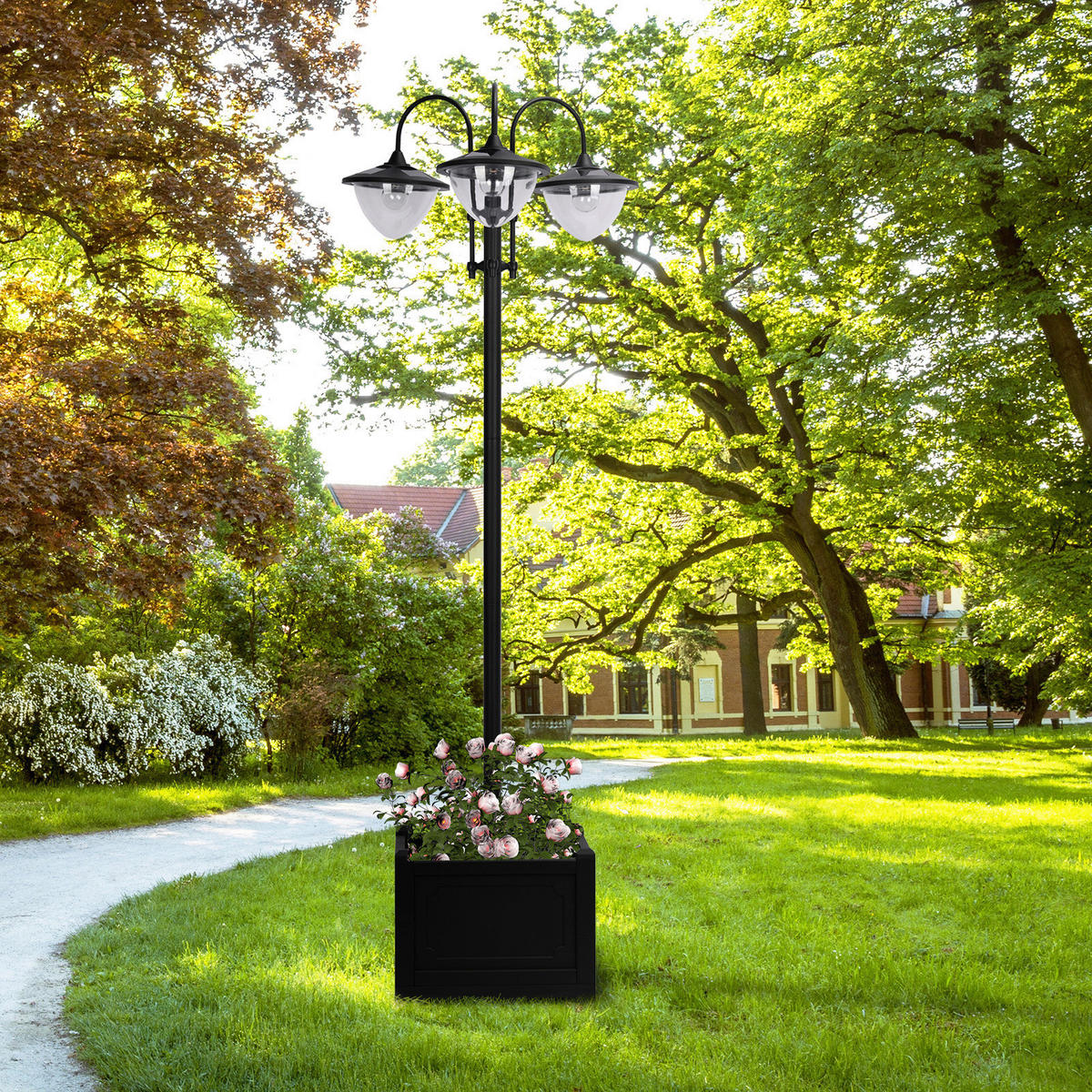 Solarlaterne mit Blumentopf schwarz Aluminium Edelstahl Polypropylen B/H/L: ca. 55x189x60 cm Solarlaterne_mit_Blumentopf - schwarz (60,00/55,00/189,00cm) - Outsunny