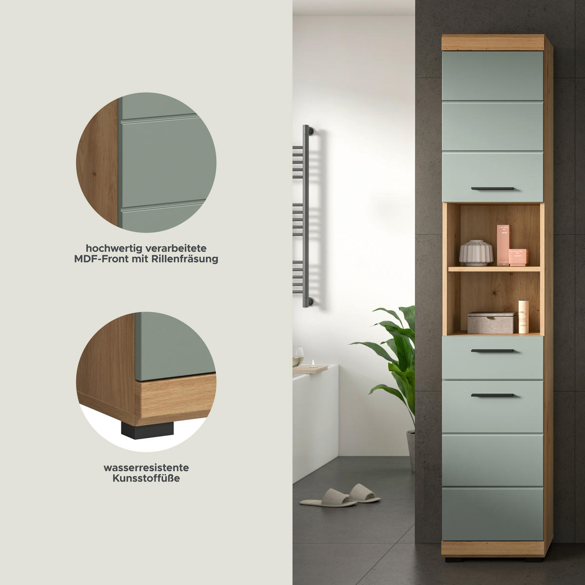 Badhochschrank Scout Eiche Artisan Nachbildung salbei Nachbildung B/H/T: ca. 37x191x31 cm Scout - Eiche/salbei (37,00/191,00/31,00cm) - xonox.home