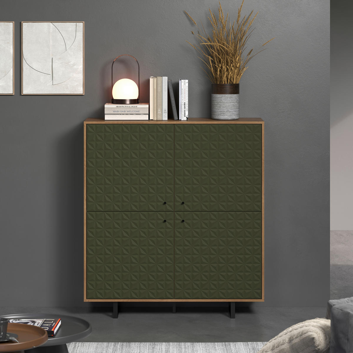 Highboard Sentra Eiche Artisan Nachbildung grün dunkel B/H/T: ca. 124x136x40 cm Sentra - Eiche/grün (124,00/136,00/40,00cm) - Trendteam