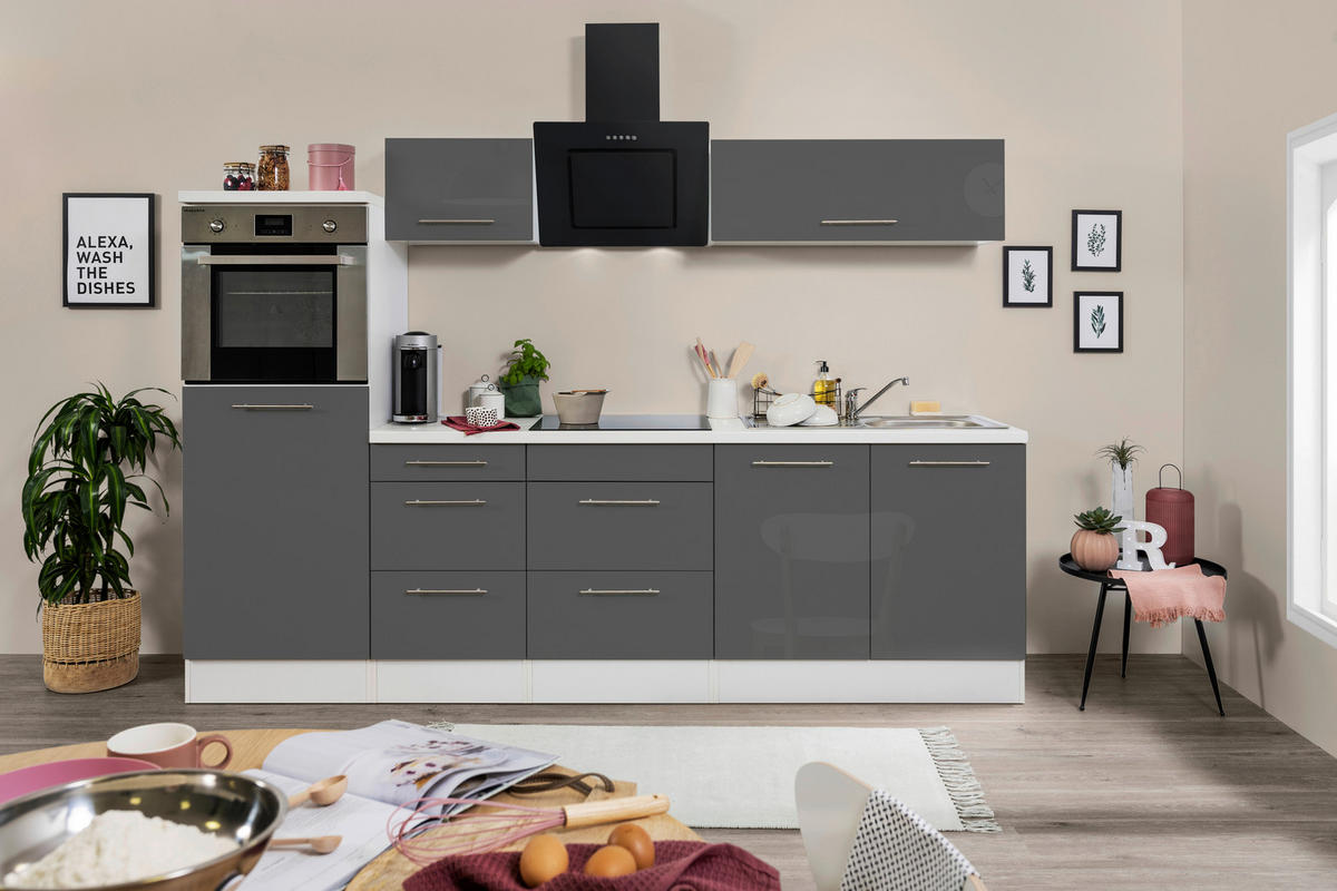 Respekta Küchenblock Amanda grau Hochglanz B/H/T: ca. 270x200x60 cm Amanda - weiß/Edelstahloptik (270,00/200,00/60,00cm) - Respekta