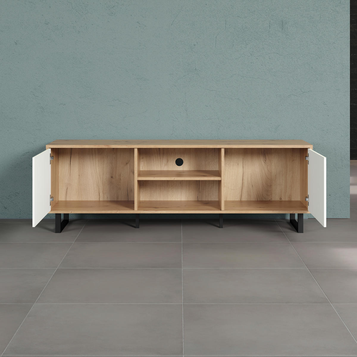 TV-Lowboard Aventura weiß matt Eiche Artisan Nachbildung B/H/T: ca. 154x52x40 cm Aventura - Eiche/weiß (154,00/52,00/40,00cm) - Trendteam