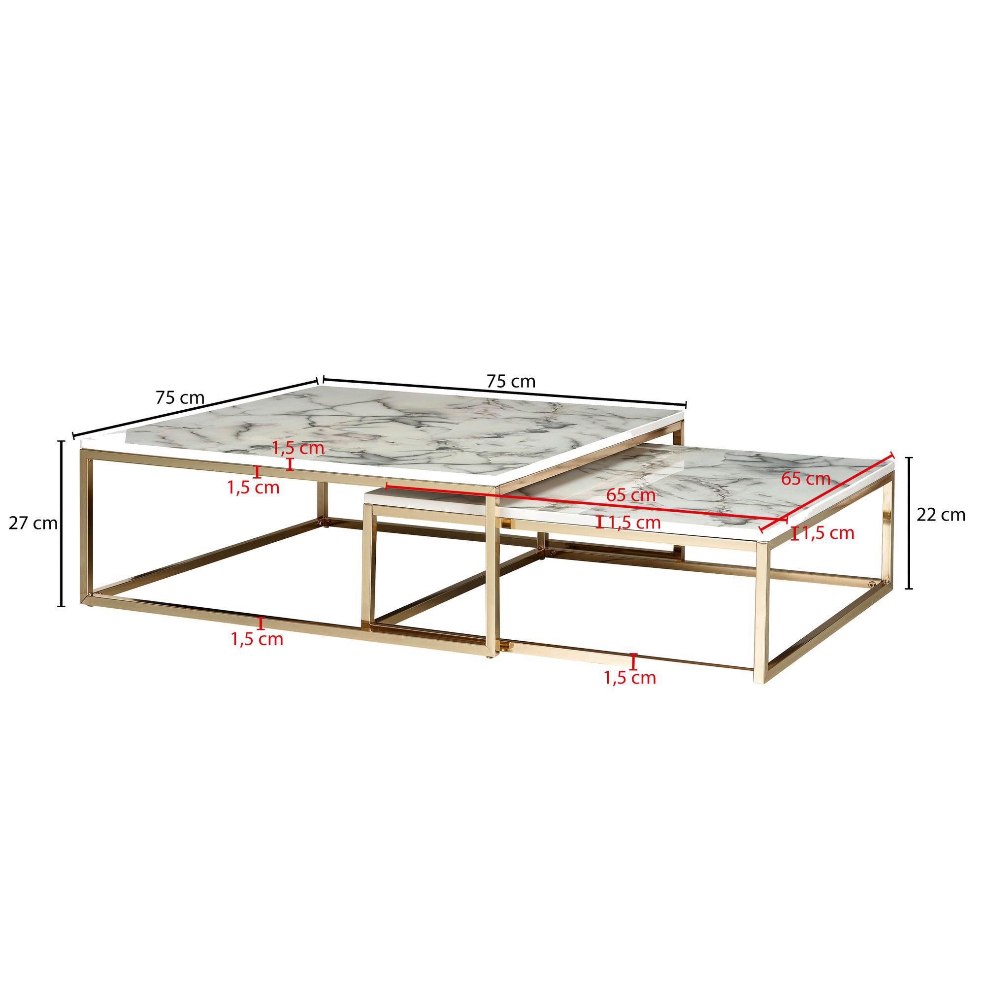 Couchtisch 2er-Set. weiß Marmor Optik gold lackiert 2er-Set. - gold/weiß - Wohnling