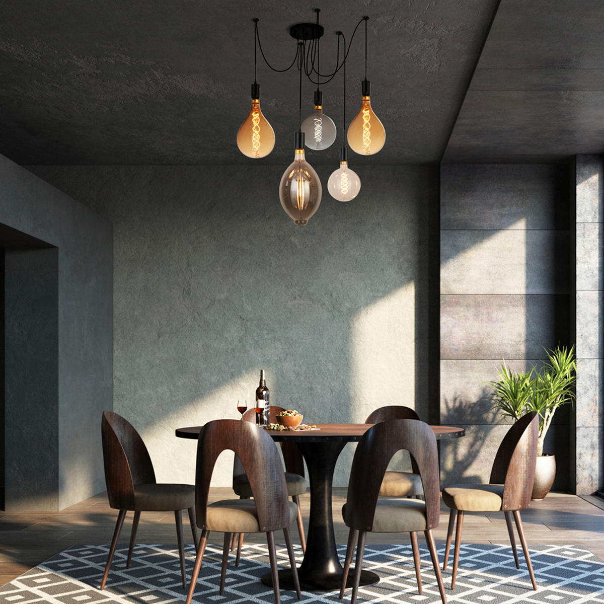 Searchlight Pendelleuchte schwarz Stahl B/H/L: ca. 15x202,5x15 cm E27 5 Brennstellen Squiggle - schwarz (15,00/15,00/202,50cm) - Searchlight