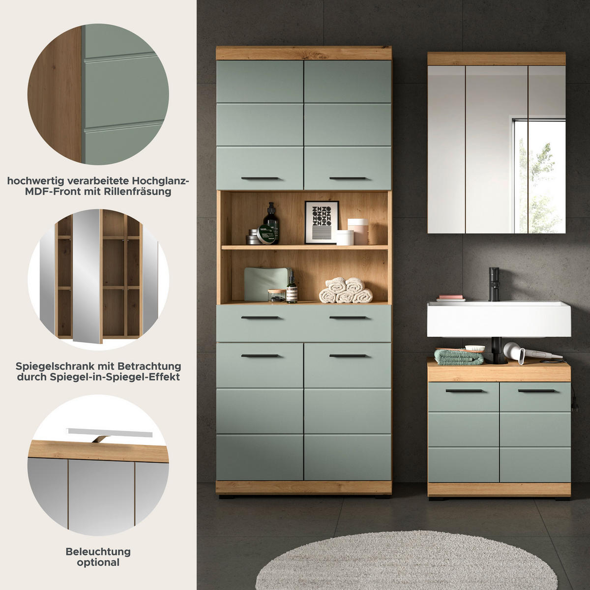 Badezimmer-Set Scout Eiche Artisan Nachbildung salbei Nachbildung B/H/T: ca. 149x34x191 cm Scout - Eiche/salbei (149,00/34,00/191,00cm) - xonox.home