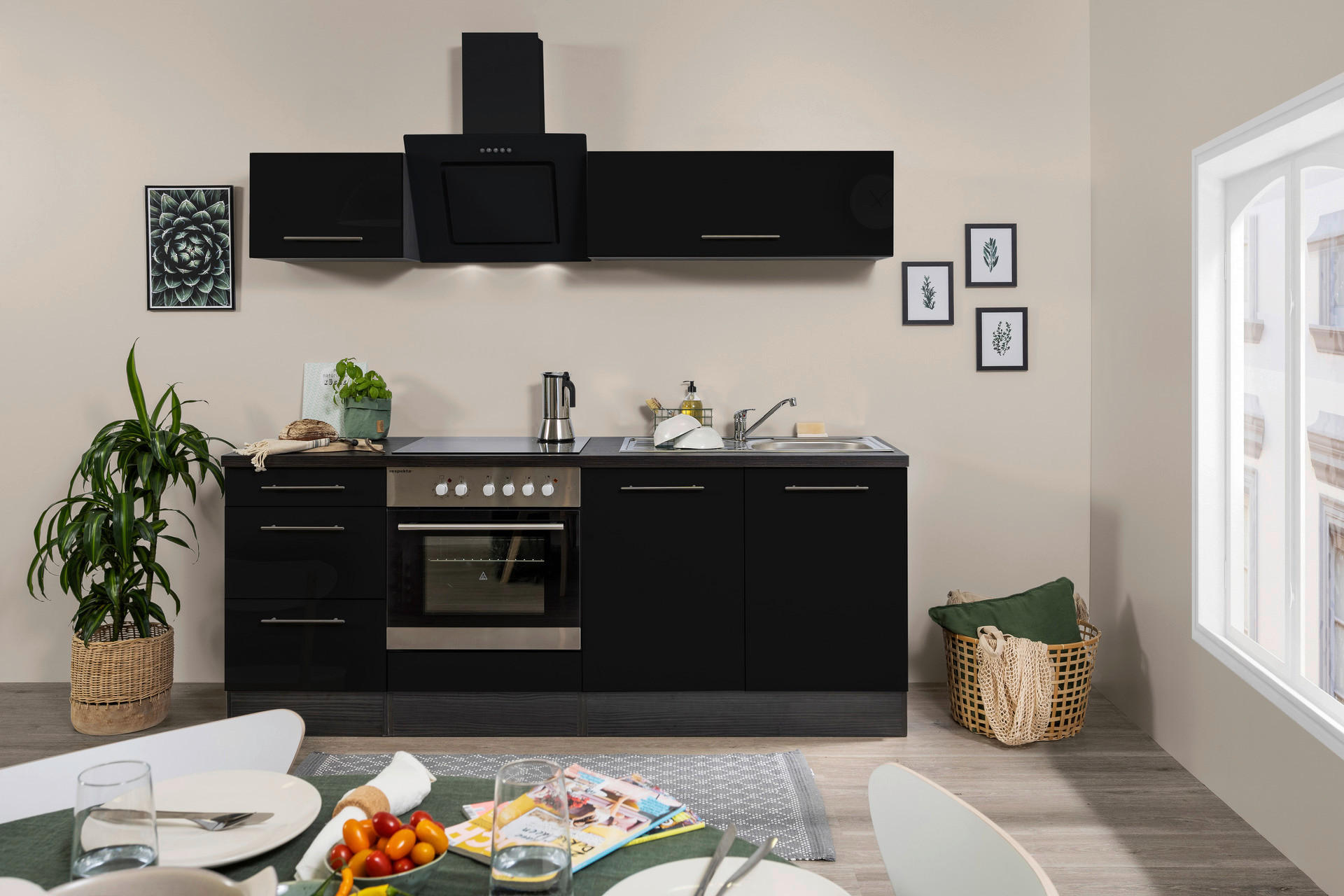 Respekta Küchenblock Amanda schwarz Hochglanz B/H/T: ca. 210x200x60 cm Amanda - schwarz/Edelstahloptik (210,00/200,00/60,00cm) - Respekta