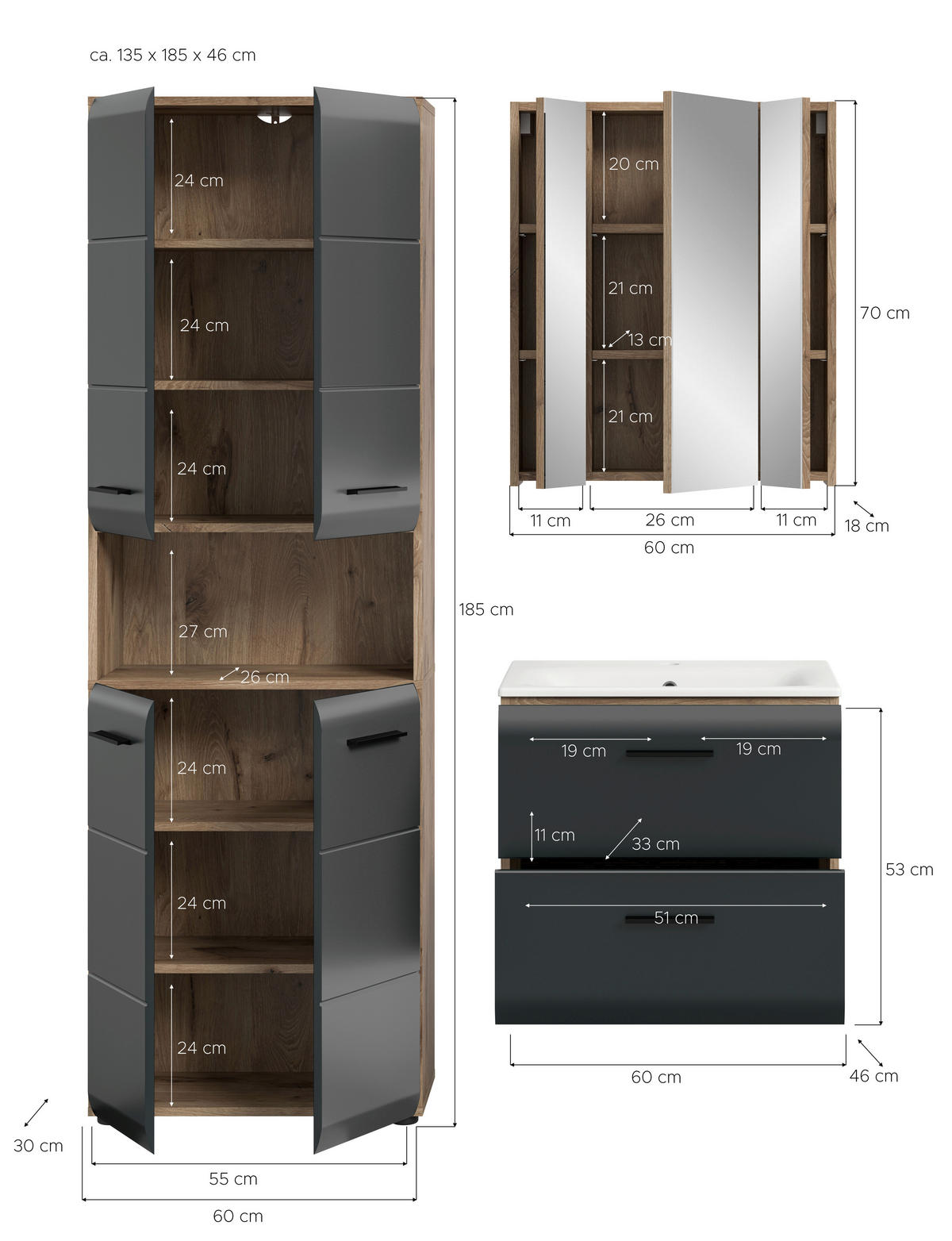 Badezimmer-Set Ice Nox Oak Nachbildung schwarz matt B/H/T: ca. 135x185x46 cm Ice - schwarz (135,00/185,00/46,00cm) - xonox.home