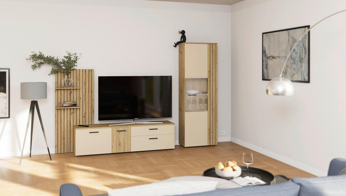 Wohnwand Gatwick Eiche Artisan Nachbildung creme B/H/T: ca. 250x180x38 cm Gatwick - Eiche/creme (250,00/180,00/38,00cm)
