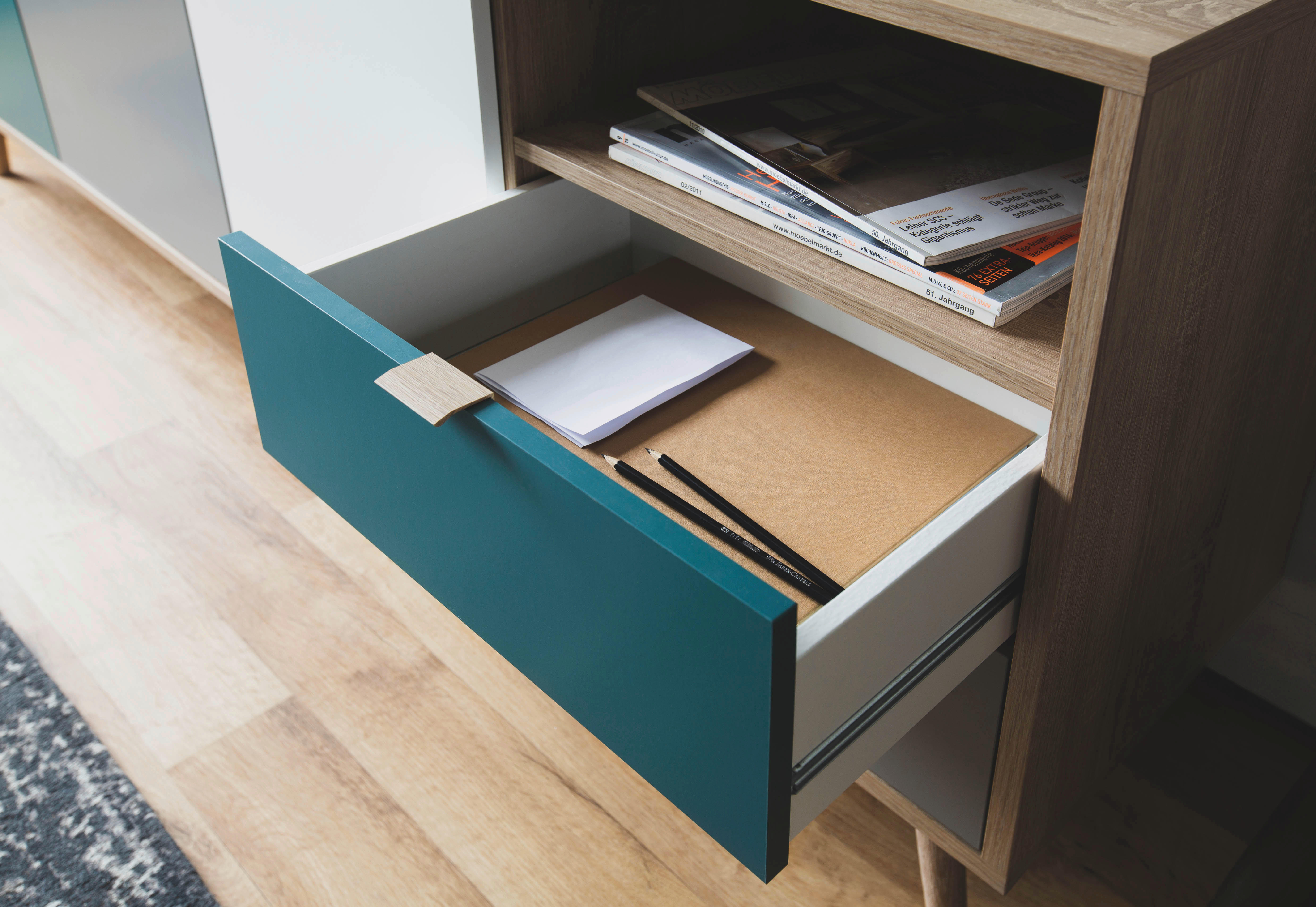 Sideboard Cuba Eiche Sonoma Nachbildung weiß grau petrol B/H/T: ca. 180x71x40 cm Cuba - Eiche/weiß (180,00/71,00/40,00cm)