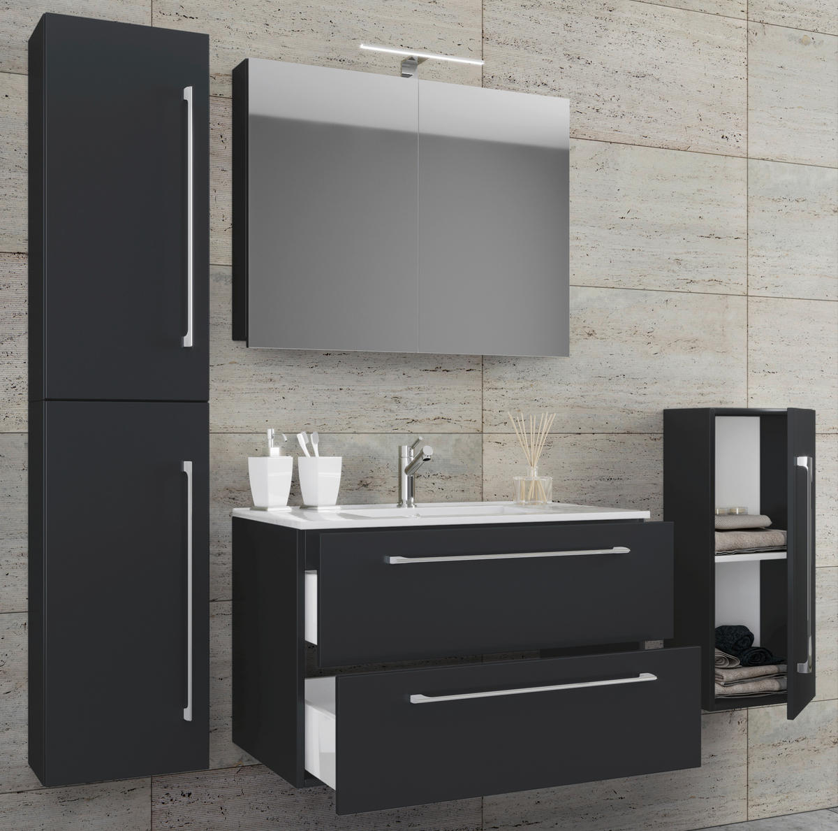 Waschplatz 5tlg-Badinos schwarz B/H/T: ca. 80x50x46 cm 5tlg-Badinos - schwarz (80,00/50,00/46,00cm) - VCM Möbel