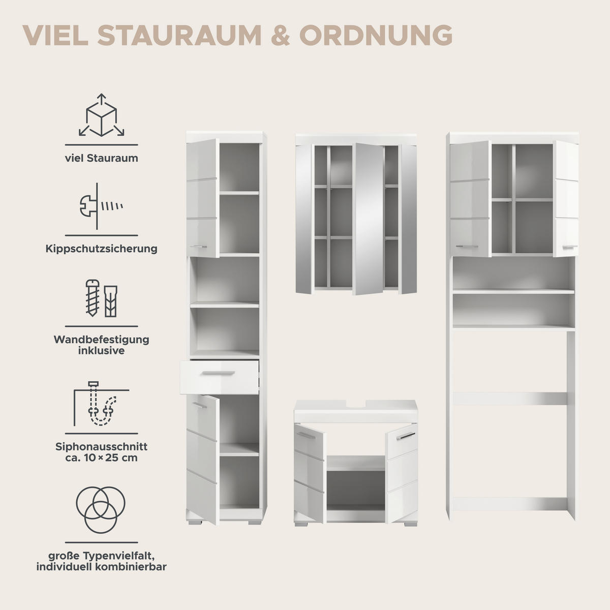 Badezimmer-Set Scout weiß weiß Hochglanz B/H/T: ca. 190x191x34 cm Scout - weiß (190,00/191,00/34,00cm) - xonox.home