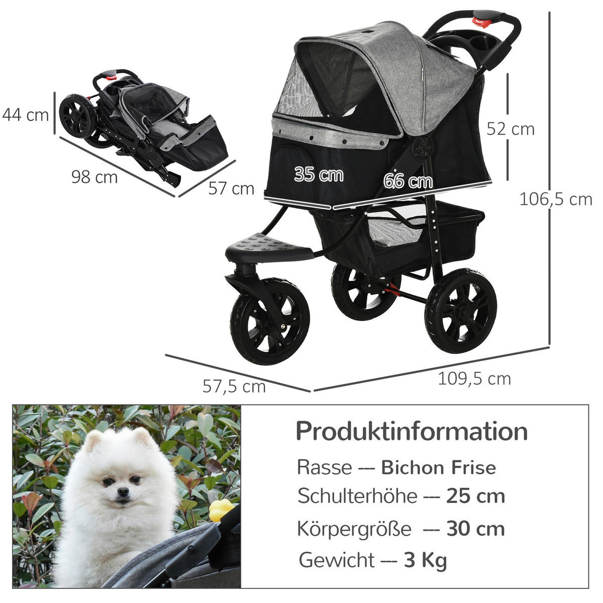 PawHut Hunde-Zubehör grau Polypropylen B/H/L: ca. 57,5x109,5x106,5 cm Hundewagen - grau (106,50/57,50/109,50cm) - PawHut