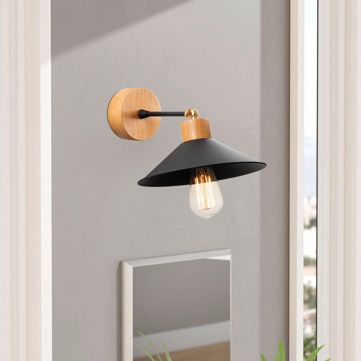 Opviq Wandleuchte Eiche schwarz Metall Holz B/H/L: ca. 24x20x24 cm E27 1 Brennstellen Manavgat - Eiche/schwarz (24,00/24,00/20,00cm) - Opviq