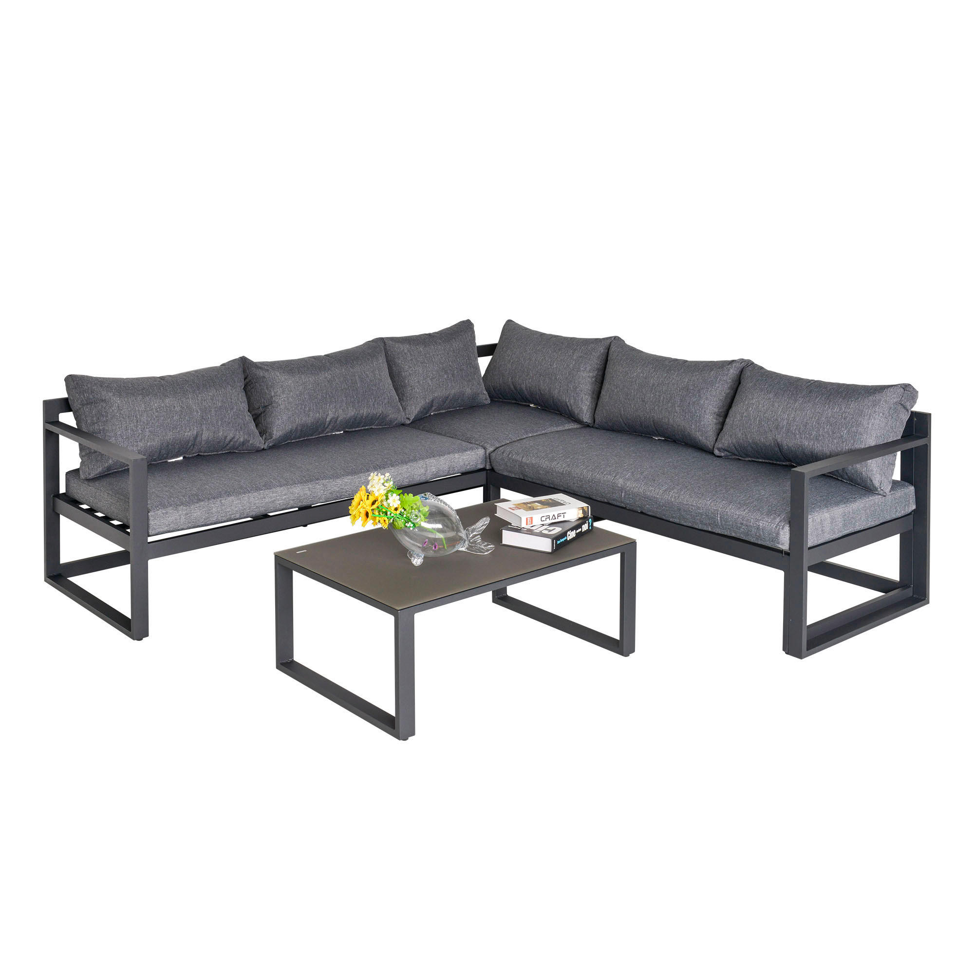 Outsunny Gartensitzgruppe schwarz Glas B/H/L: ca. 70x65x212 cm Gartensitzgruppe - schwarz/grau (212,00/70,00/65,00cm) - Outsunny