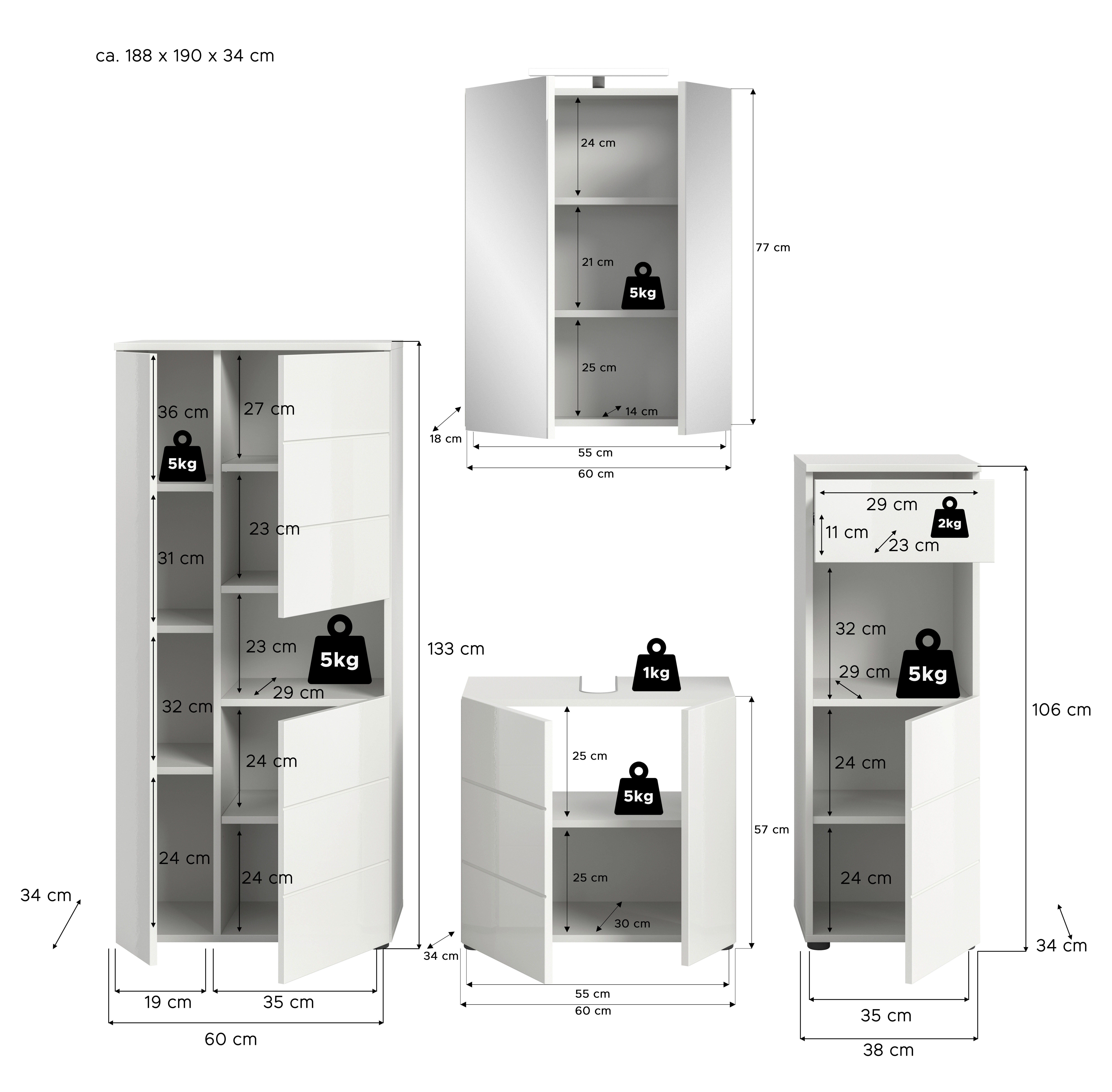 Badezimmer-Set VIRA weiß weiß Hochglanz B/H/T: ca. 188x190x34 cm VIRA - weiß (188,00/190,00/34,00cm) - xonox.home
