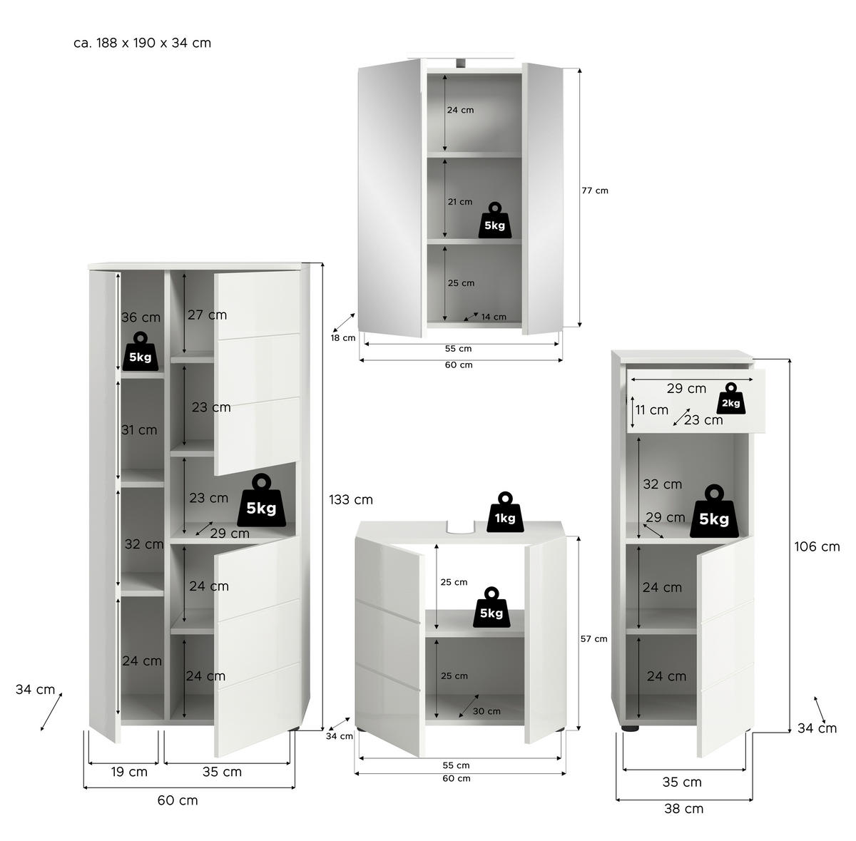 Badezimmer-Set VIRA weiß weiß Hochglanz B/H/T: ca. 188x190x34 cm VIRA - weiß (188,00/190,00/34,00cm) - xonox.home
