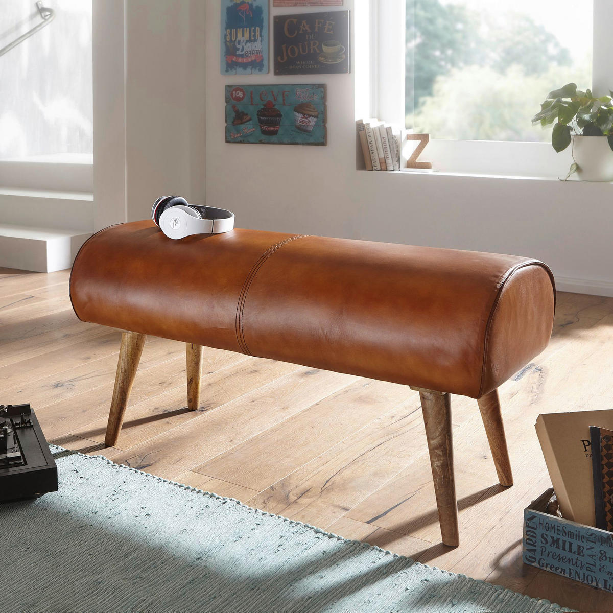 Wohnling Sitzbank natur braun Echtholz Leder Sitzbank - braun/natur - Wohnling