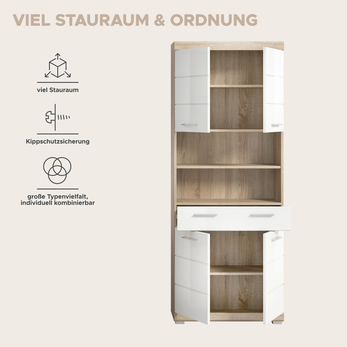 Badhochschrank Lambada Eiche Sonoma Nachbildung weiß Hochglanz B/H/T: ca. 74x191x31 cm Lambada - Eiche/weiß (74,00/191,00/31,00cm) - xonox.home