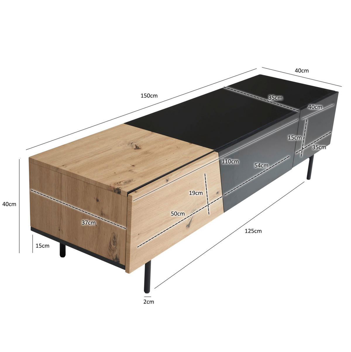 Lowboard schwarz Eiche Optik B/H/T: ca. 150x40x40 cm TV & Lowboard - schwarz (150,00/40,00/40,00cm) - Wohnling