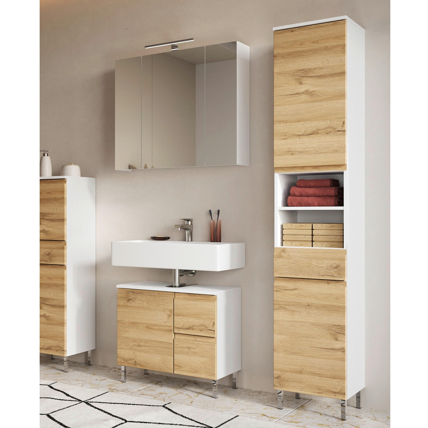 Badezimmer-Set 7953-559 weiß Eiche Grand-Son Nachbildung B/H/T: ca. 109x190x34 cm 7953-559 - Eiche/weiß (109,00/190,00/34,00cm) - Germania
