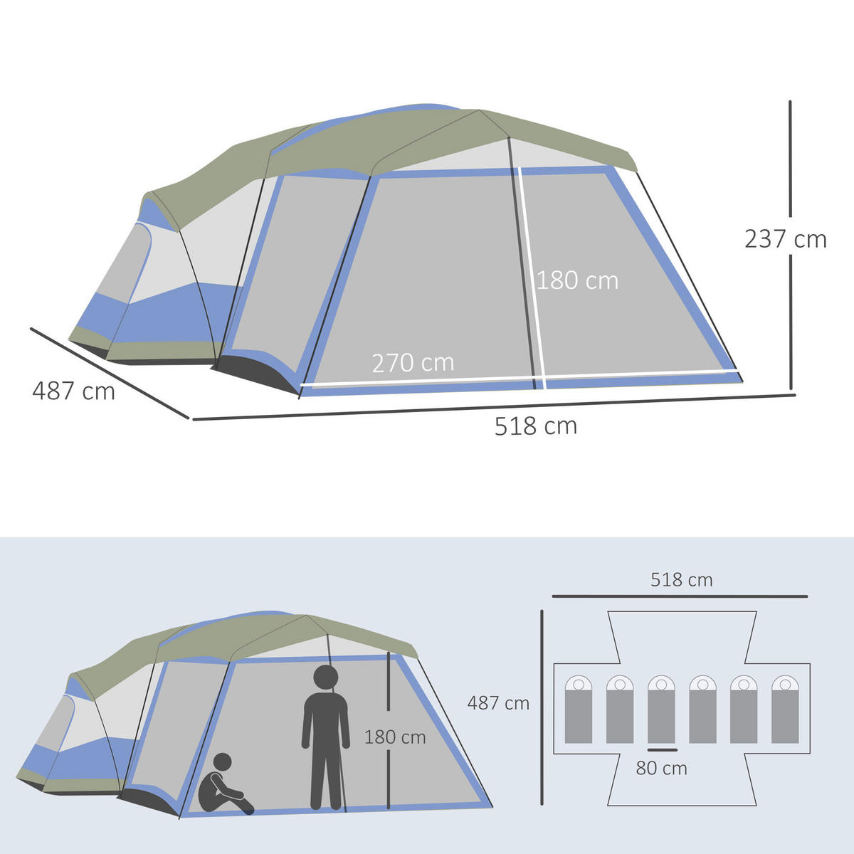 Outsunny Zelt grau Edelstahl B/H/L: ca. 487x518x237 cm Zelt - blau/grün (237,00/487,00/518,00cm) - Outsunny