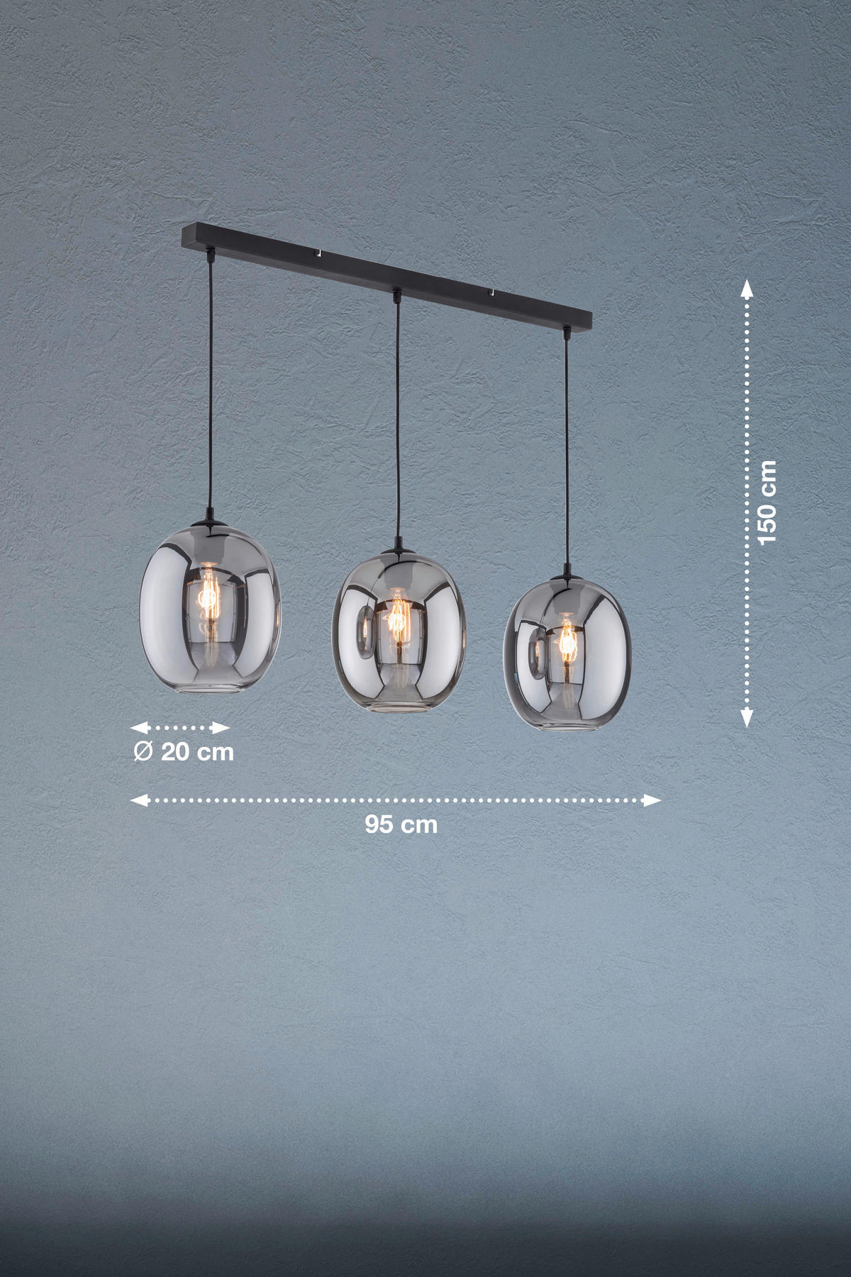 Fischer & Honsel Pendelleuchte schwarz Rauch Metall Glas B/H/T: ca. 95x150x21 cm E27 3 Brennstellen Nayla - schwarz/Rauch (95,00/150,00/21,00cm) - Fischer & Honsel