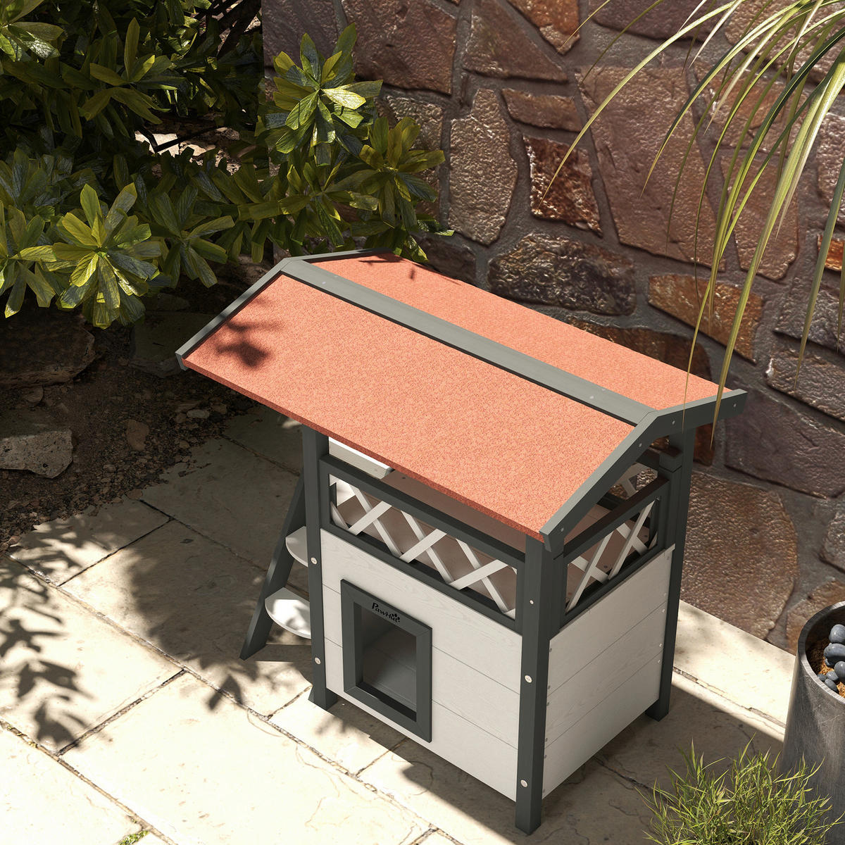 PawHut Katzen-Zubehör weiß Polypropylen B/H/L: ca. 50x77x73 cm Katzenhaus - weiß/rot (73,00/50,00/77,00cm) - PawHut