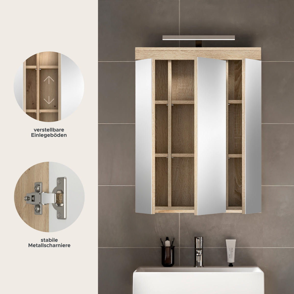 Spiegelschrank Lambada Eiche Sonoma Nachbildung weiß Hochglanz B/H/T: ca. 60x79x37 cm Lambada - Eiche/weiß (60,00/79,00/37,00cm) - xonox.home