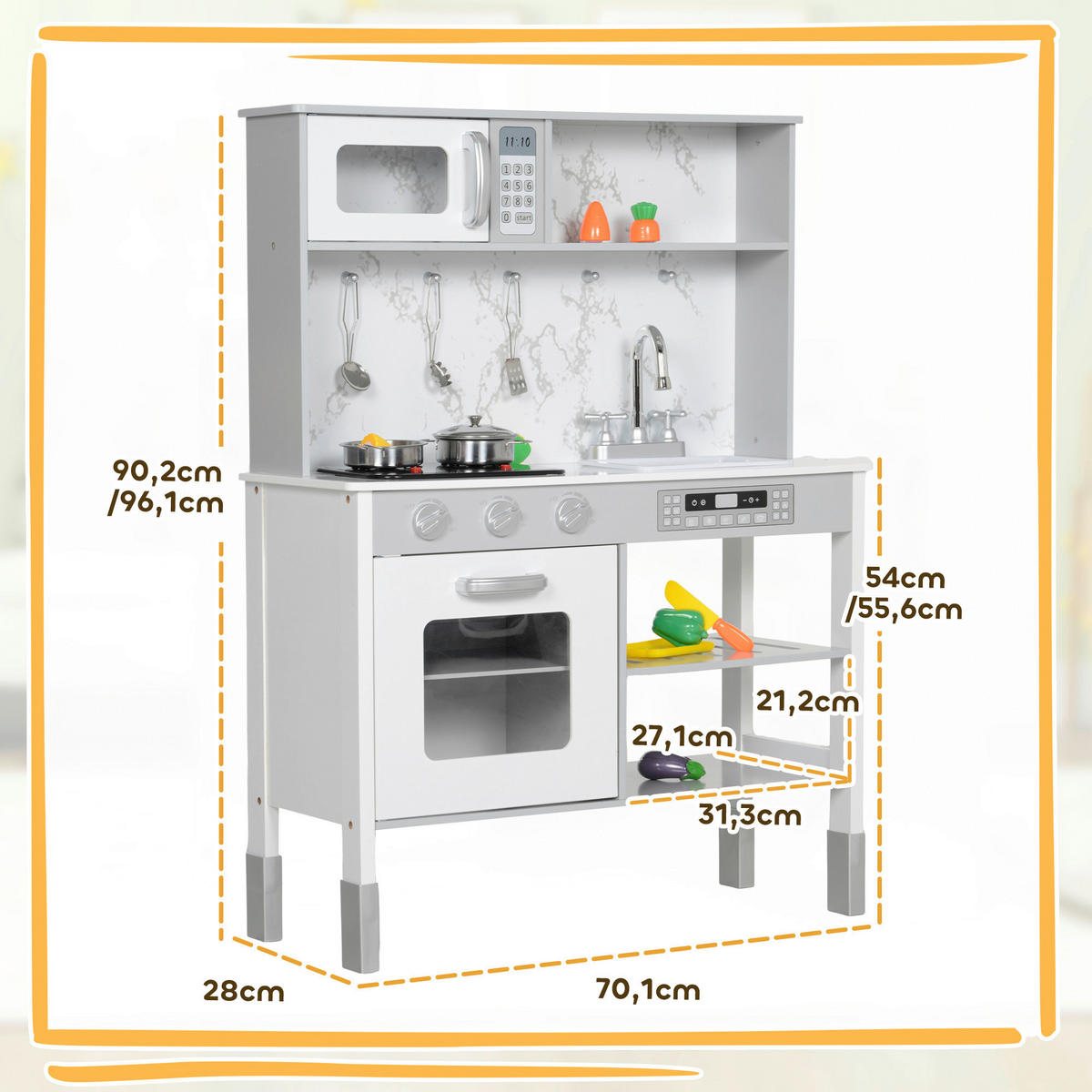 AIYAPLAY Kinder-Spielküche B/H/L: ca. 28x96,1x70,1 cm Kinder-Spielküche - weiß (70,10/28,00/96,10cm) - AIYAPLAY