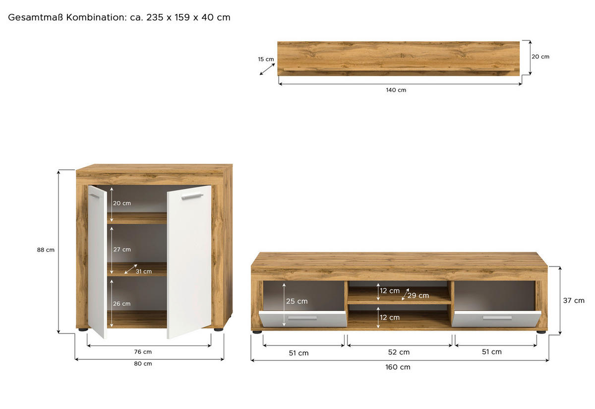 Wohnwand Jam Eiche Wotan Nachbildung weiß B/H/T: ca. 255x159x35 cm Jam - Eiche/weiß (255,00/159,00/35,00cm) - xonox.home