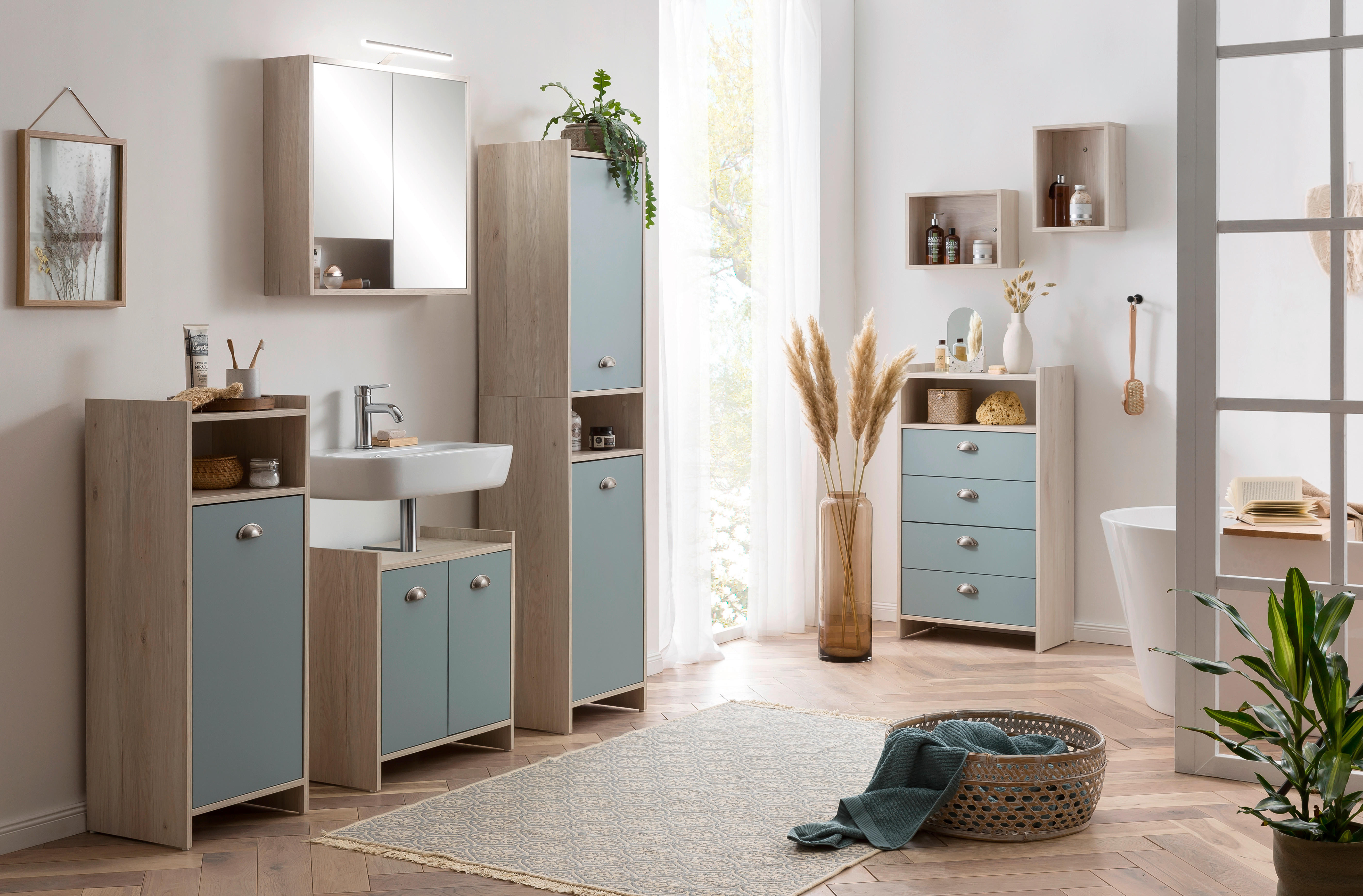 Waschbeckenunterschrank Lindholm Sandeiche Nachbildung taubenblau B/H/T: ca. 56,9x62,4x33 cm Lindholm - taubenblau (56,90/62,40/33,00cm) - Möbelpartner